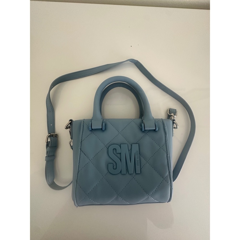 Steve Madden Quilted SM‎ Logo Satchel Crossbody Bag Light Blue Top Handle
